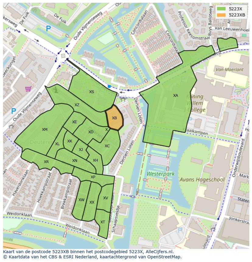 Afbeelding van het postcodegebied 5223 XB op de kaart.