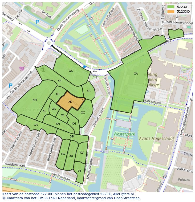 Afbeelding van het postcodegebied 5223 XD op de kaart.