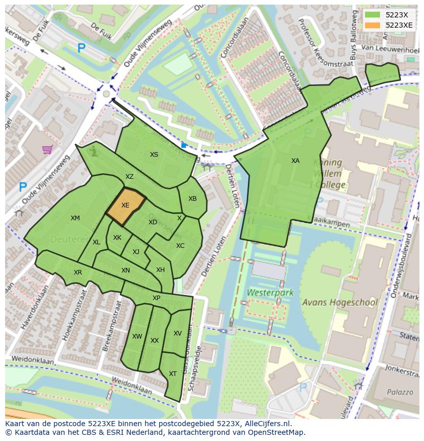 Afbeelding van het postcodegebied 5223 XE op de kaart.