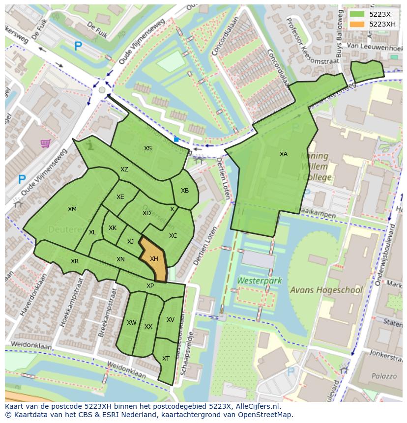 Afbeelding van het postcodegebied 5223 XH op de kaart.