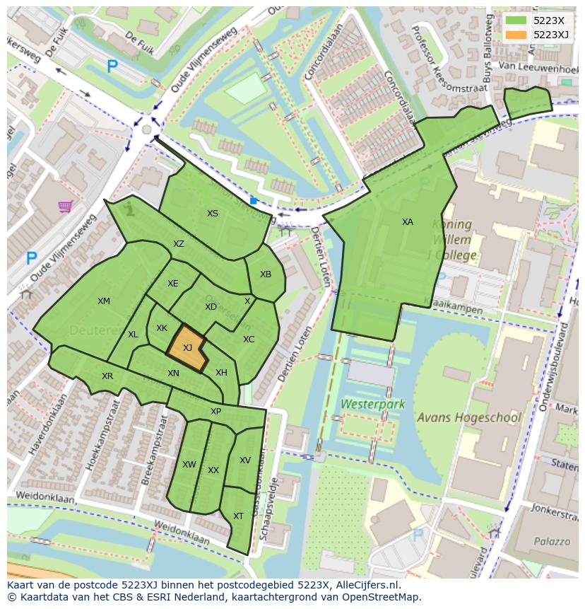 Afbeelding van het postcodegebied 5223 XJ op de kaart.