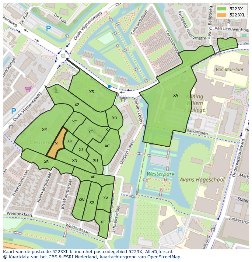 Afbeelding van het postcodegebied 5223 XL op de kaart.