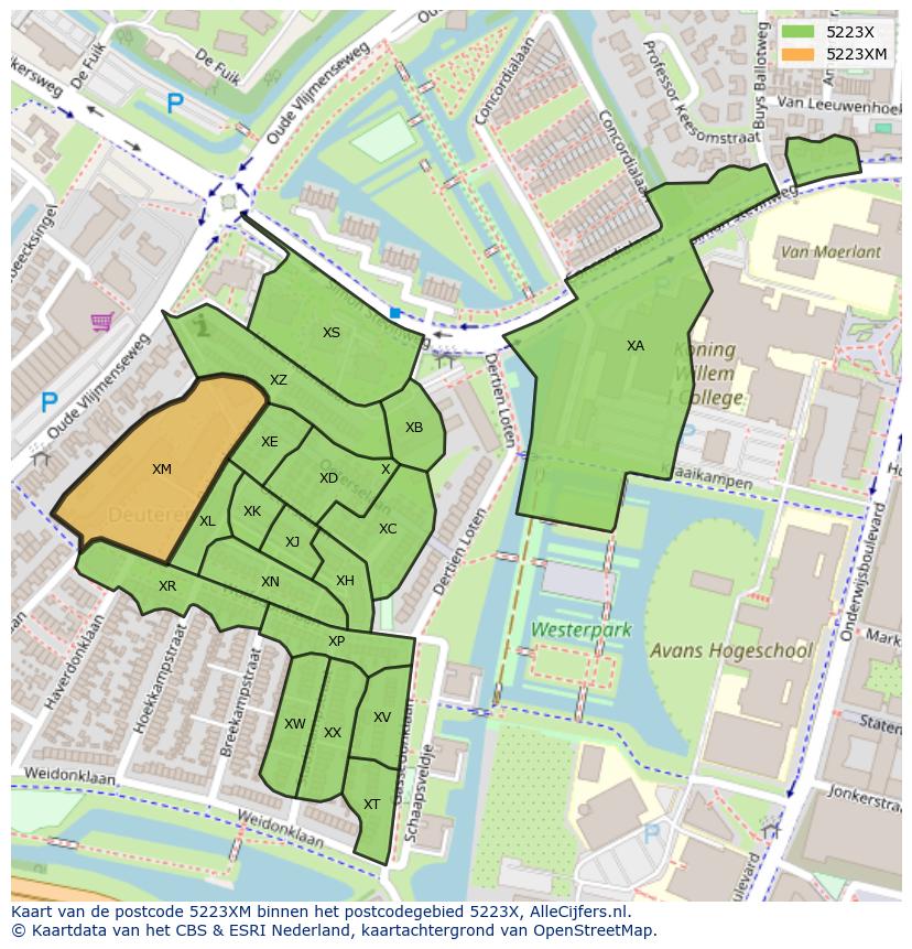 Afbeelding van het postcodegebied 5223 XM op de kaart.