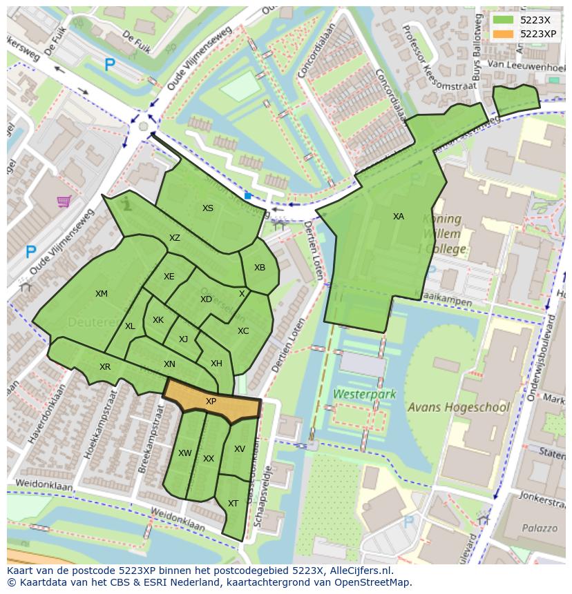 Afbeelding van het postcodegebied 5223 XP op de kaart.