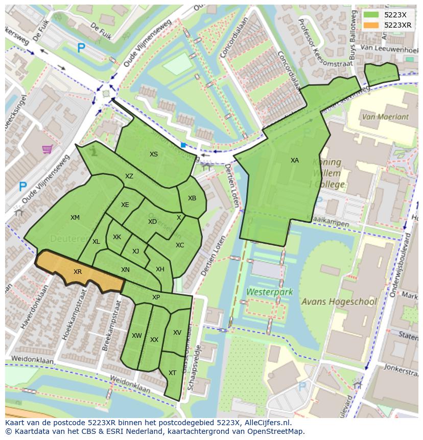 Afbeelding van het postcodegebied 5223 XR op de kaart.
