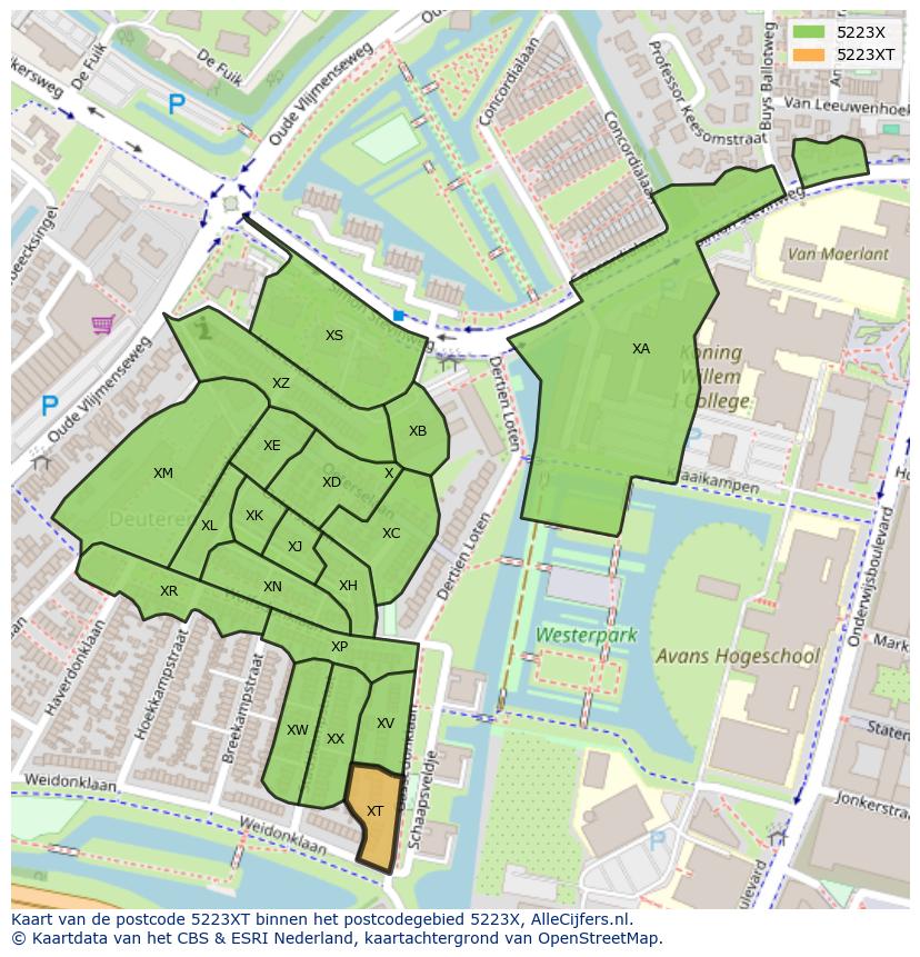 Afbeelding van het postcodegebied 5223 XT op de kaart.
