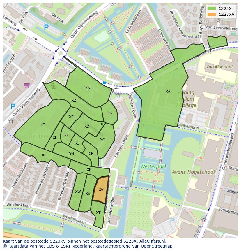 Afbeelding van het postcodegebied 5223 XV op de kaart.