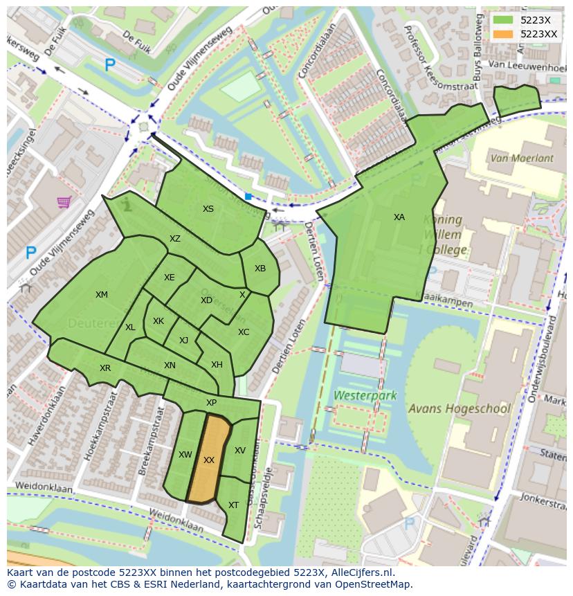 Afbeelding van het postcodegebied 5223 XX op de kaart.