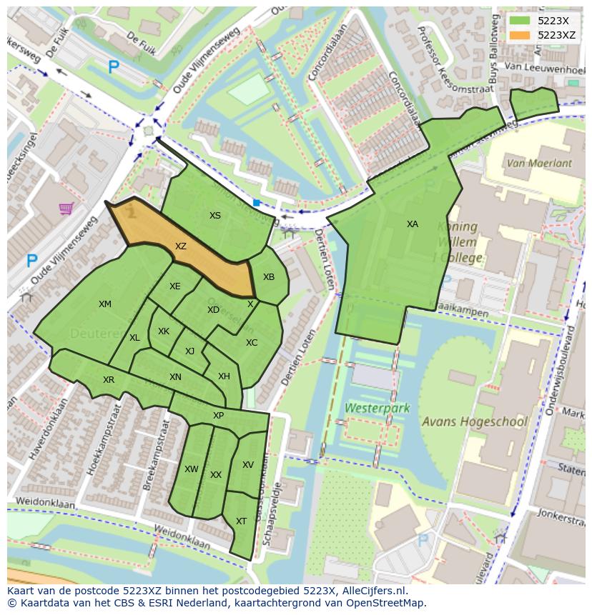 Afbeelding van het postcodegebied 5223 XZ op de kaart.