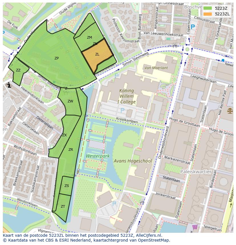 Afbeelding van het postcodegebied 5223 ZL op de kaart.