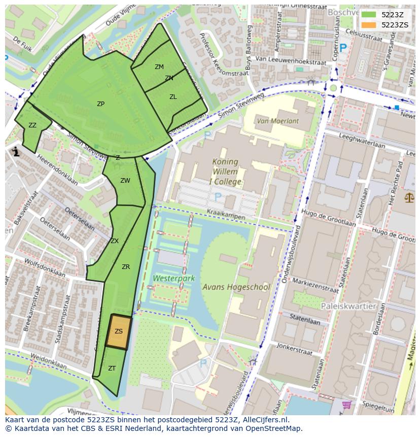 Afbeelding van het postcodegebied 5223 ZS op de kaart.