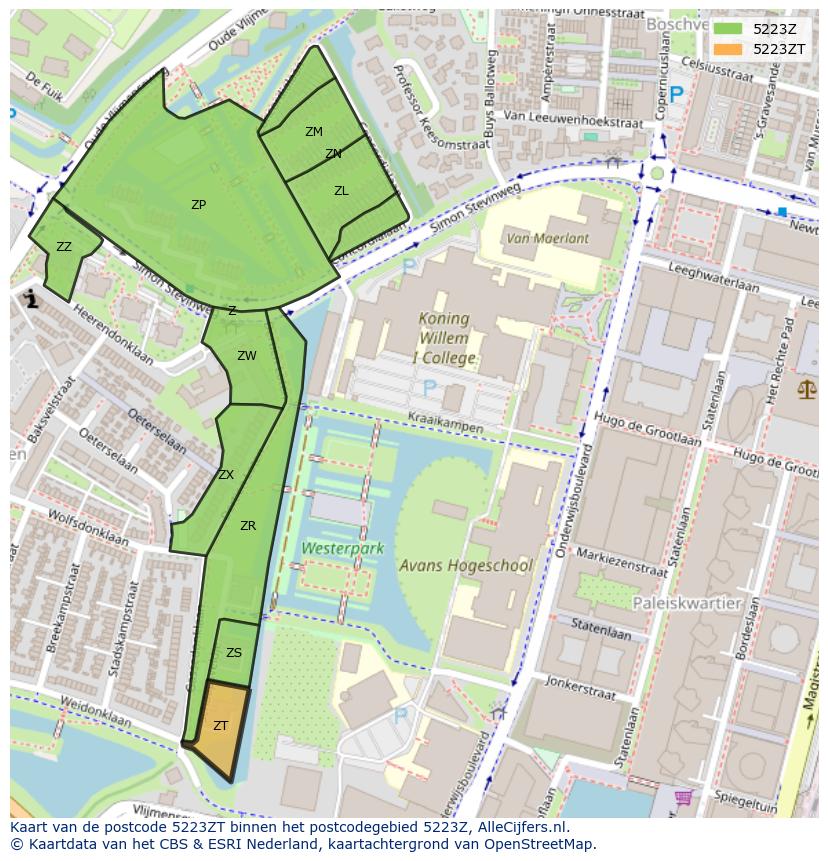 Afbeelding van het postcodegebied 5223 ZT op de kaart.