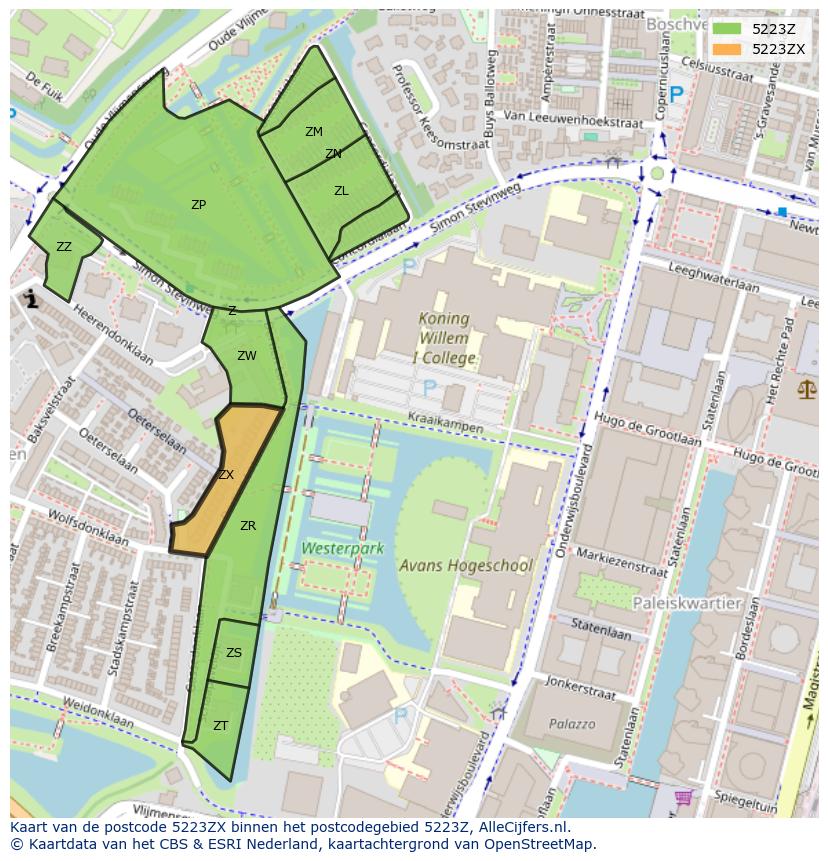 Afbeelding van het postcodegebied 5223 ZX op de kaart.