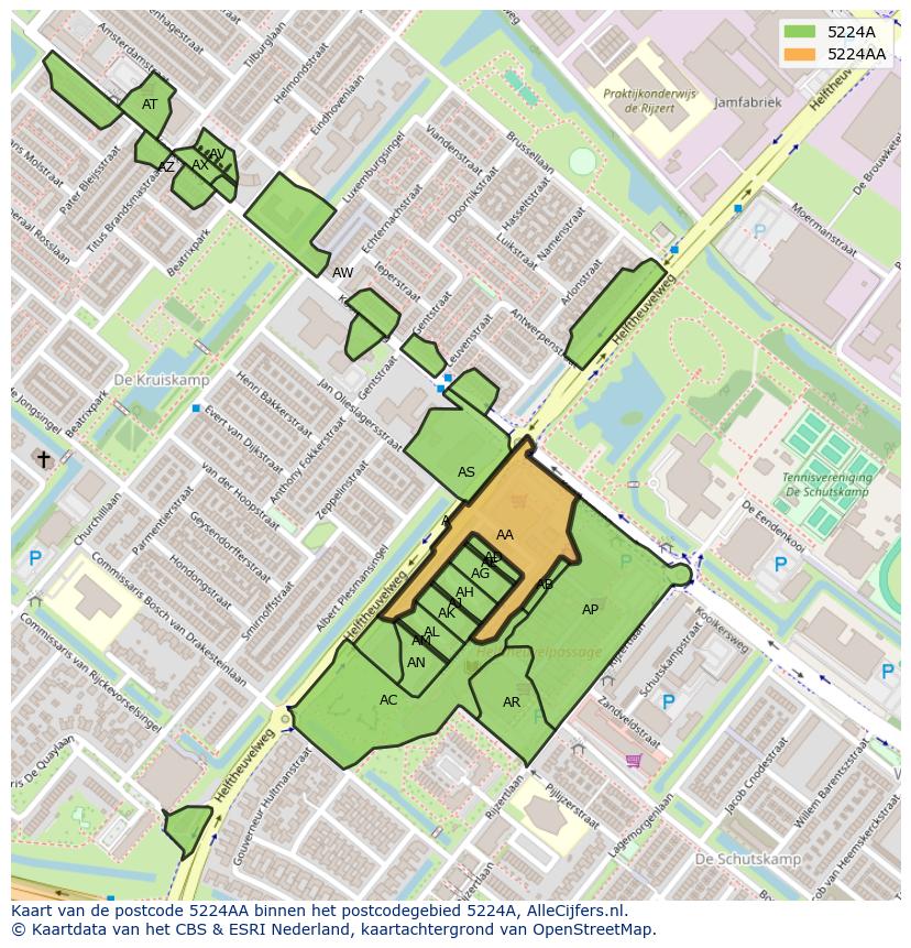 Afbeelding van het postcodegebied 5224 AA op de kaart.