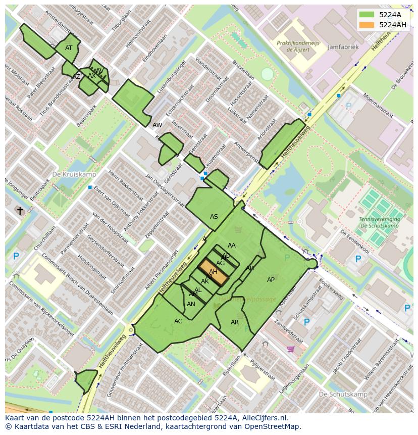 Afbeelding van het postcodegebied 5224 AH op de kaart.