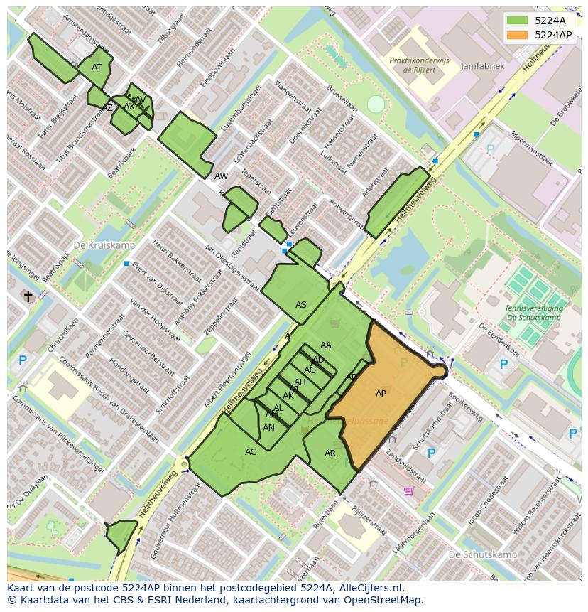 Afbeelding van het postcodegebied 5224 AP op de kaart.