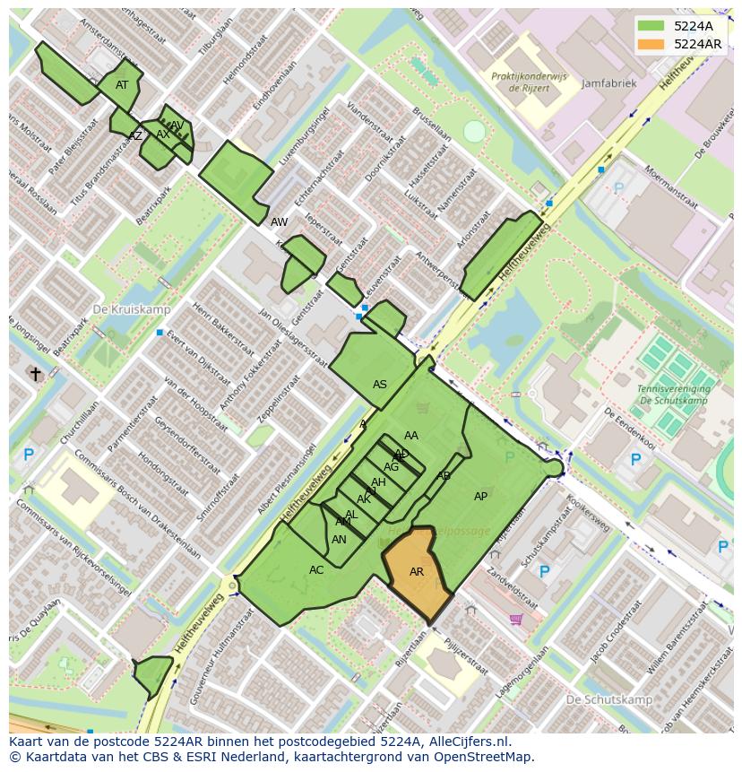 Afbeelding van het postcodegebied 5224 AR op de kaart.