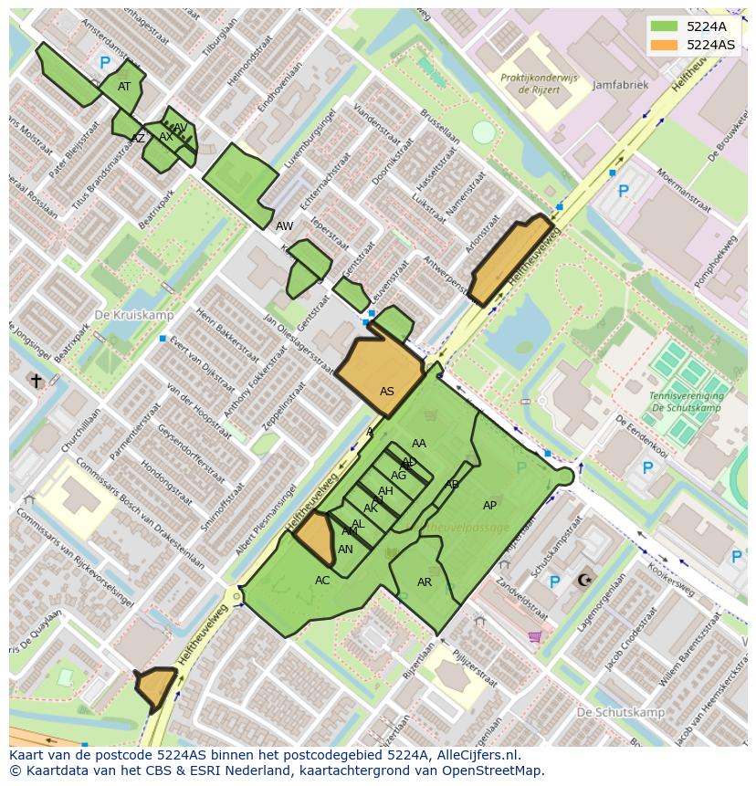 Afbeelding van het postcodegebied 5224 AS op de kaart.