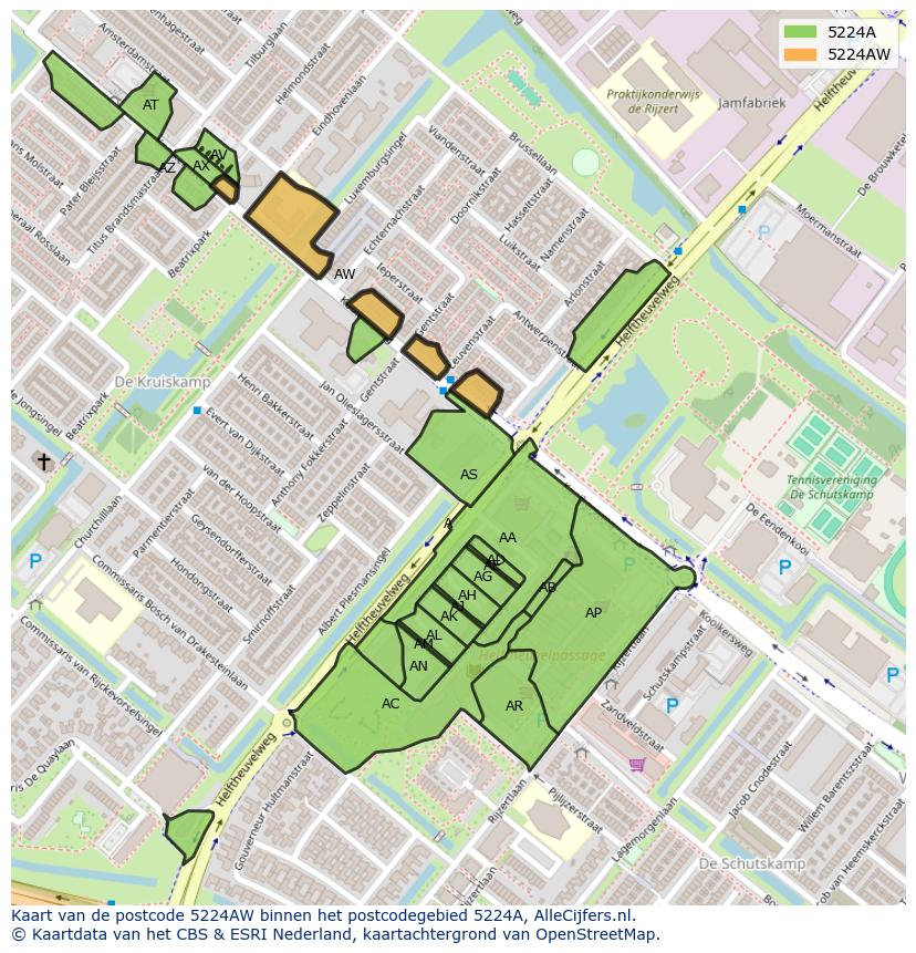 Afbeelding van het postcodegebied 5224 AW op de kaart.