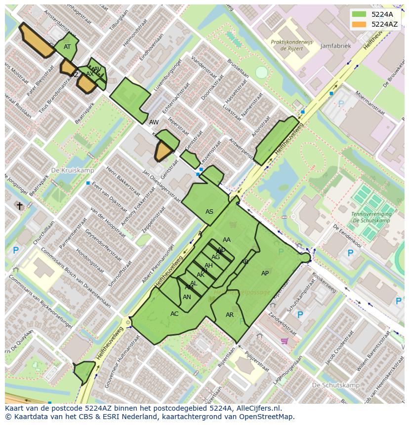 Afbeelding van het postcodegebied 5224 AZ op de kaart.