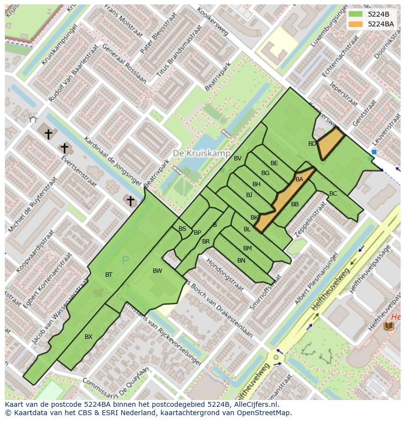 Afbeelding van het postcodegebied 5224 BA op de kaart.