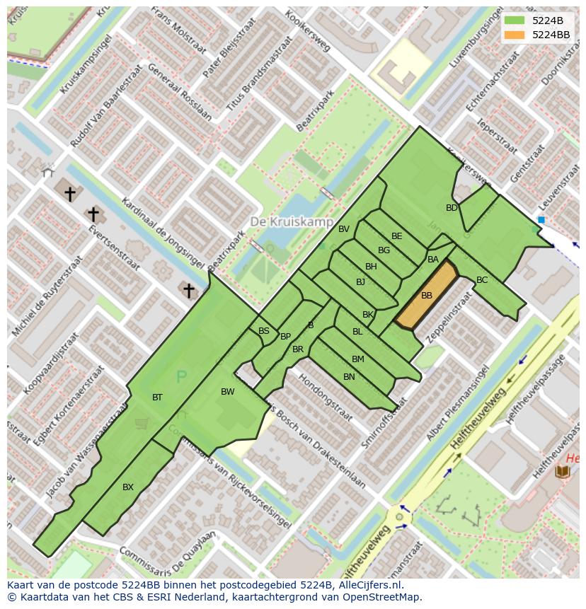 Afbeelding van het postcodegebied 5224 BB op de kaart.