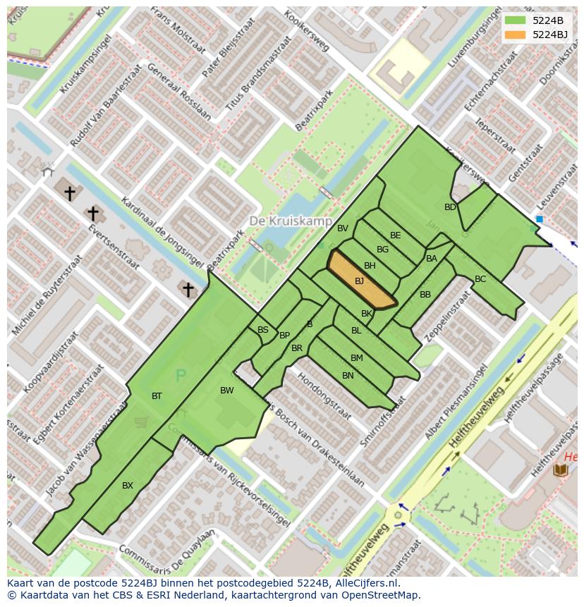 Afbeelding van het postcodegebied 5224 BJ op de kaart.