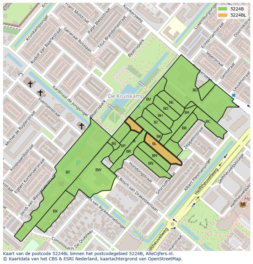 Afbeelding van het postcodegebied 5224 BL op de kaart.