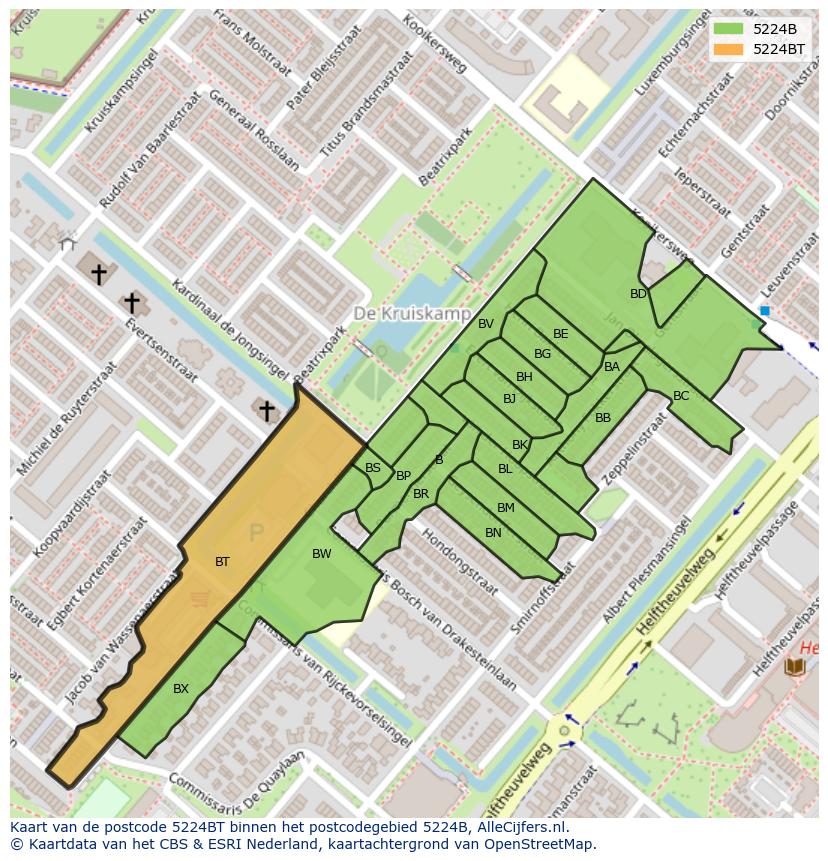 Afbeelding van het postcodegebied 5224 BT op de kaart.