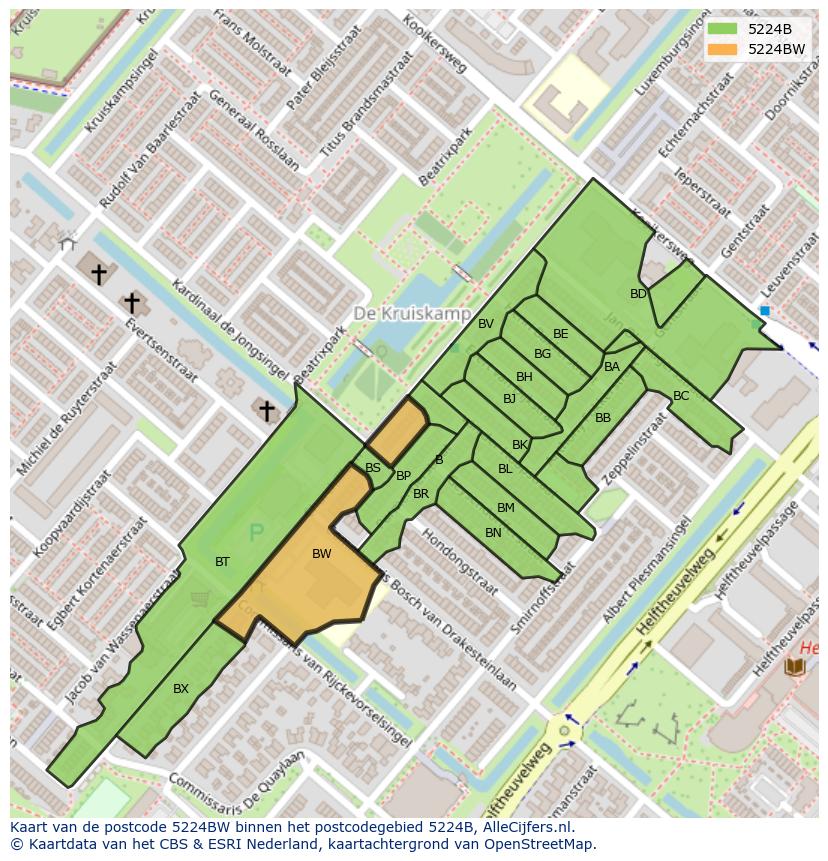 Afbeelding van het postcodegebied 5224 BW op de kaart.
