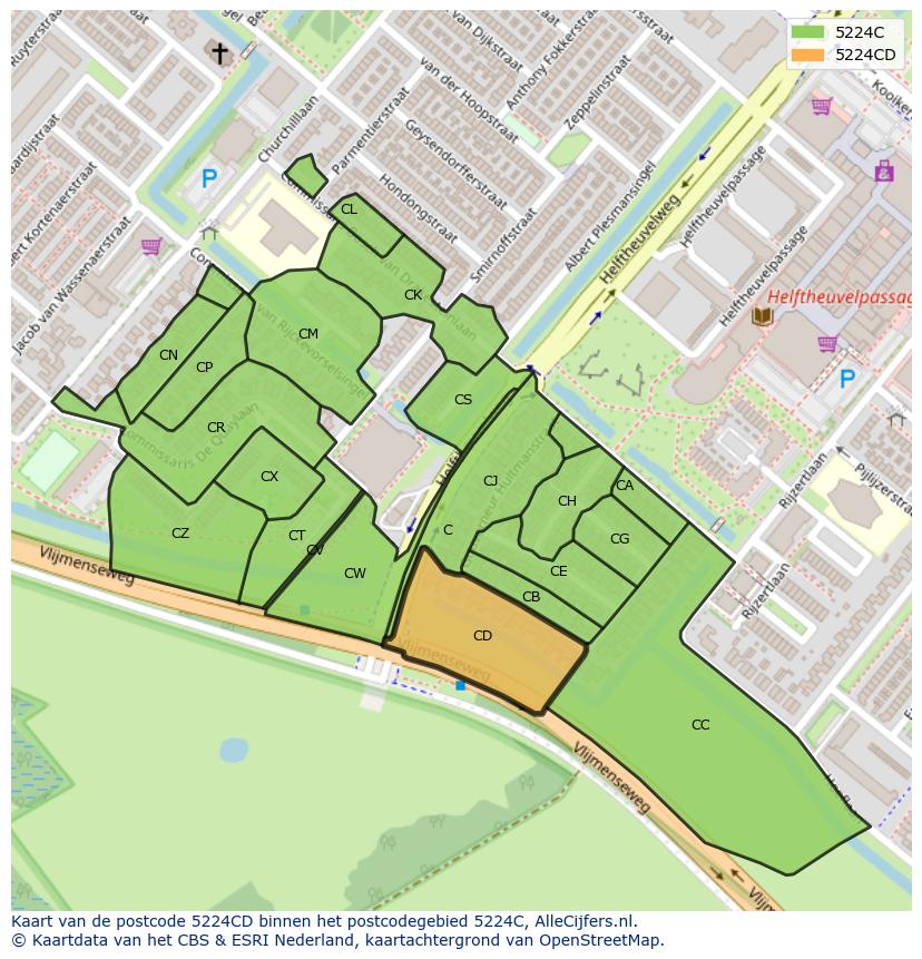 Afbeelding van het postcodegebied 5224 CD op de kaart.