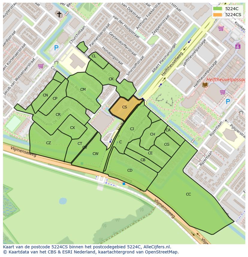 Afbeelding van het postcodegebied 5224 CS op de kaart.