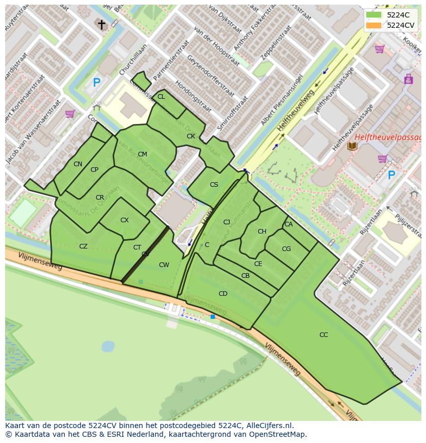 Afbeelding van het postcodegebied 5224 CV op de kaart.