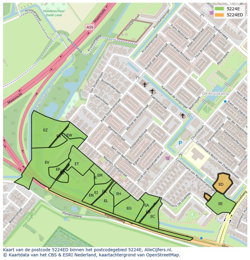 Afbeelding van het postcodegebied 5224 ED op de kaart.