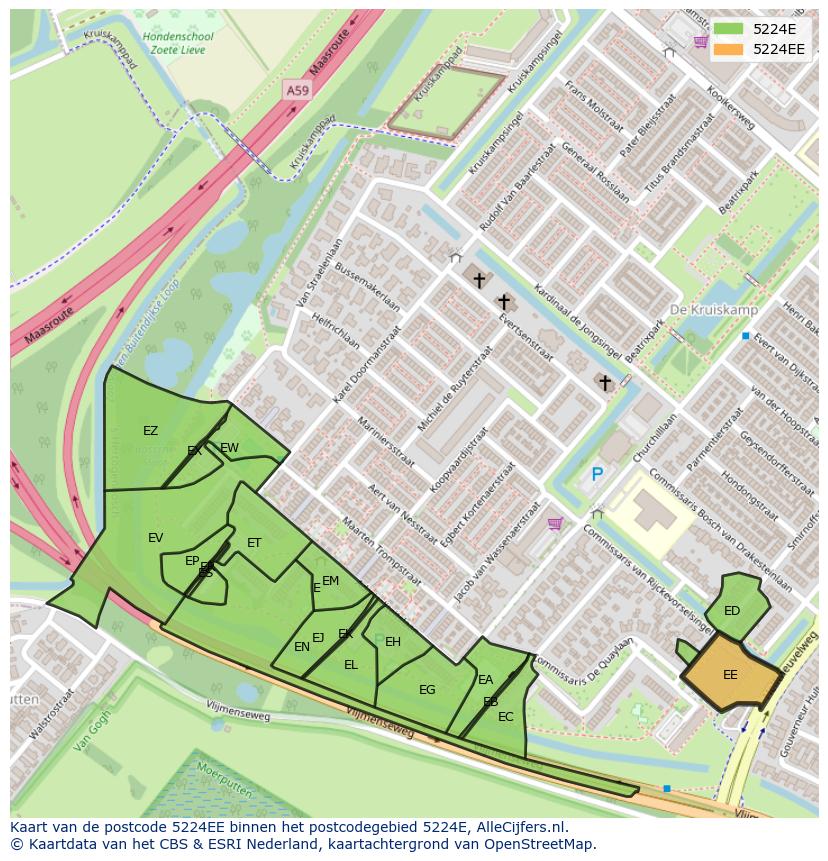 Afbeelding van het postcodegebied 5224 EE op de kaart.