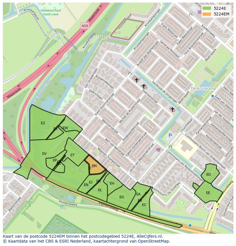 Afbeelding van het postcodegebied 5224 EM op de kaart.