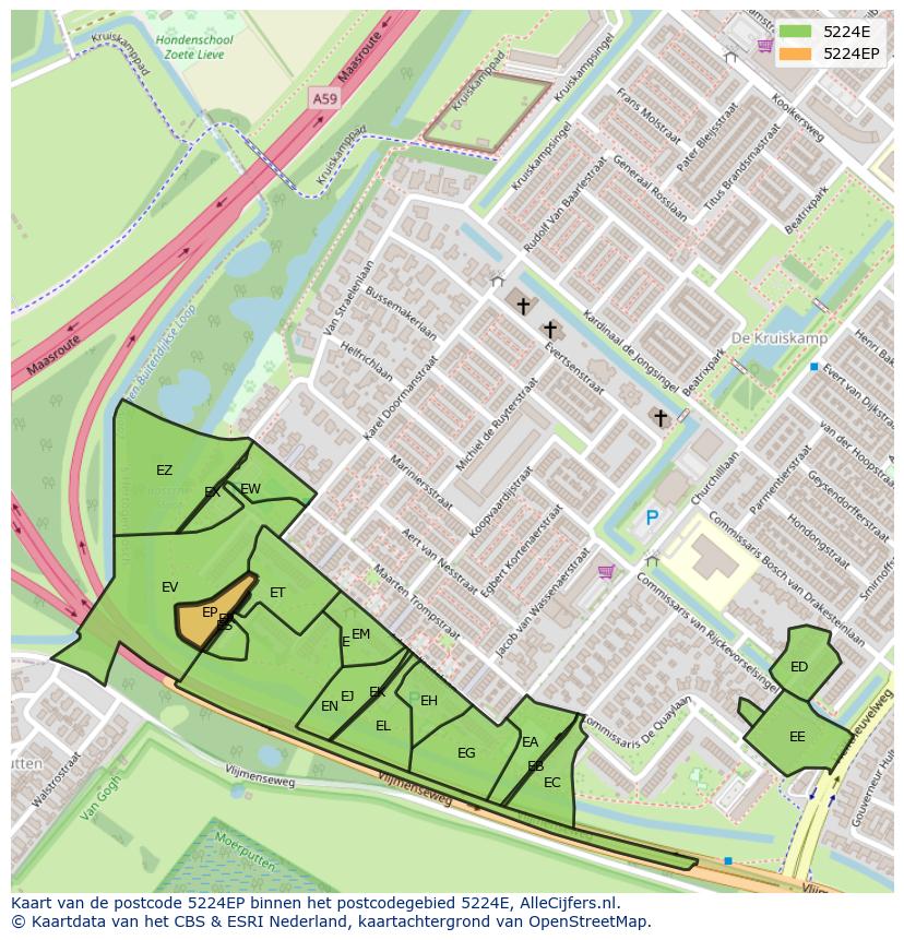 Afbeelding van het postcodegebied 5224 EP op de kaart.