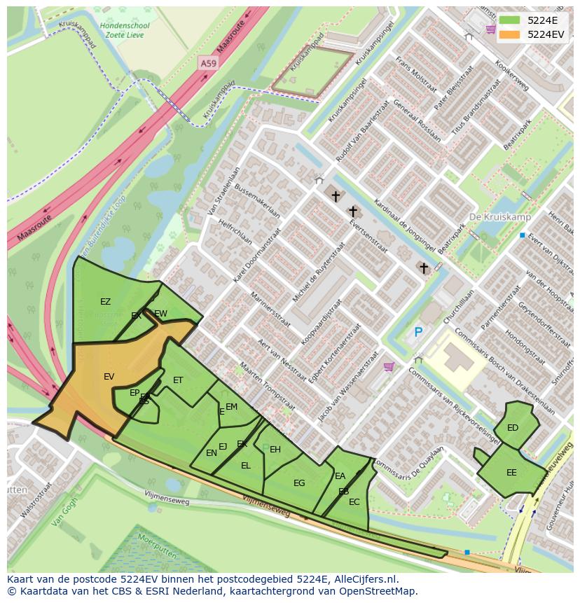 Afbeelding van het postcodegebied 5224 EV op de kaart.