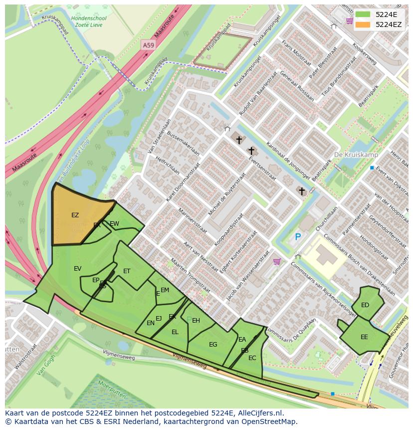Afbeelding van het postcodegebied 5224 EZ op de kaart.