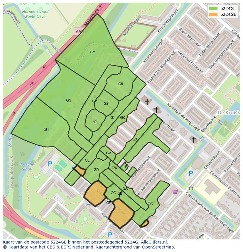 Afbeelding van het postcodegebied 5224 GE op de kaart.