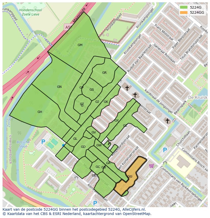 Afbeelding van het postcodegebied 5224 GG op de kaart.