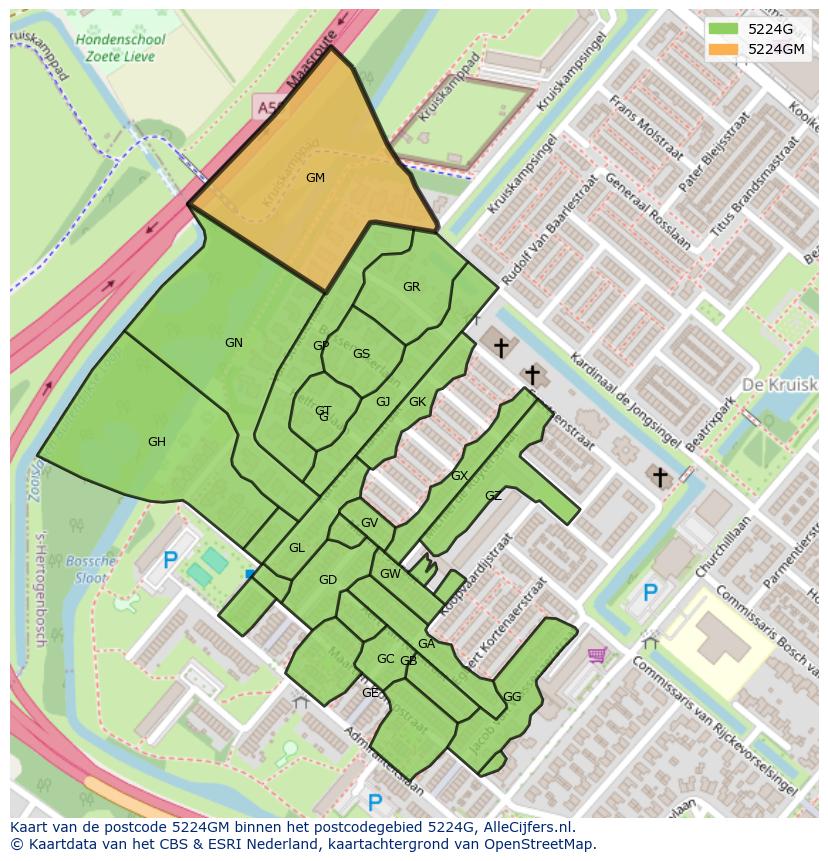 Afbeelding van het postcodegebied 5224 GM op de kaart.