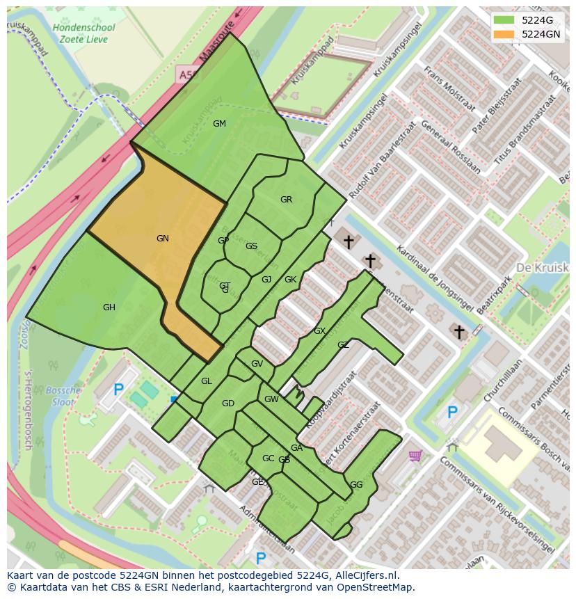 Afbeelding van het postcodegebied 5224 GN op de kaart.