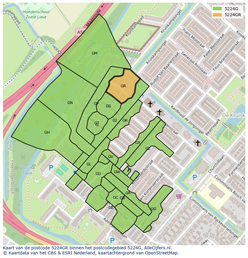 Afbeelding van het postcodegebied 5224 GR op de kaart.