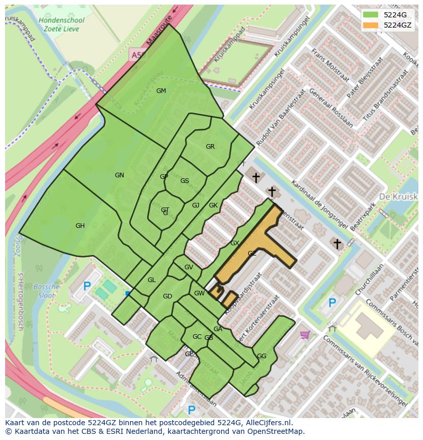 Afbeelding van het postcodegebied 5224 GZ op de kaart.