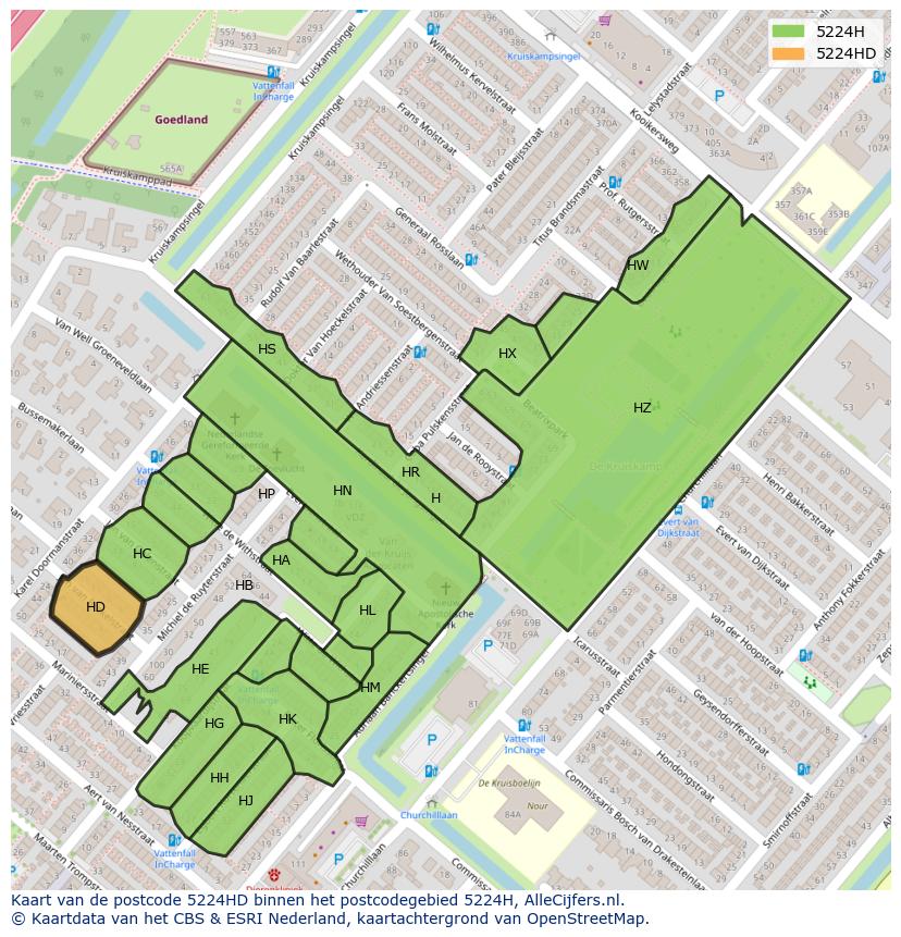Afbeelding van het postcodegebied 5224 HD op de kaart.