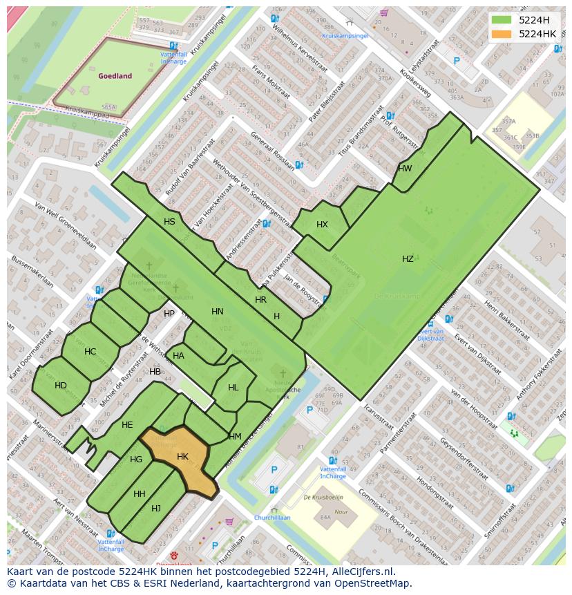 Afbeelding van het postcodegebied 5224 HK op de kaart.