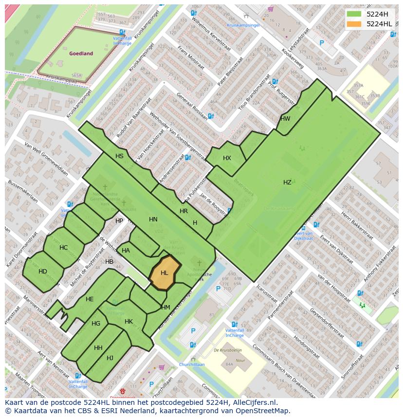 Afbeelding van het postcodegebied 5224 HL op de kaart.