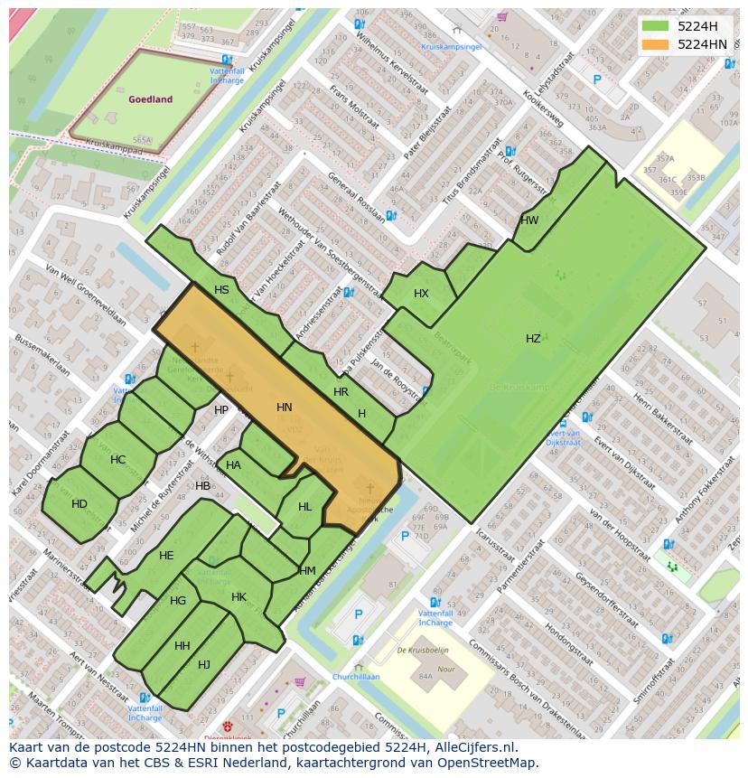 Afbeelding van het postcodegebied 5224 HN op de kaart.
