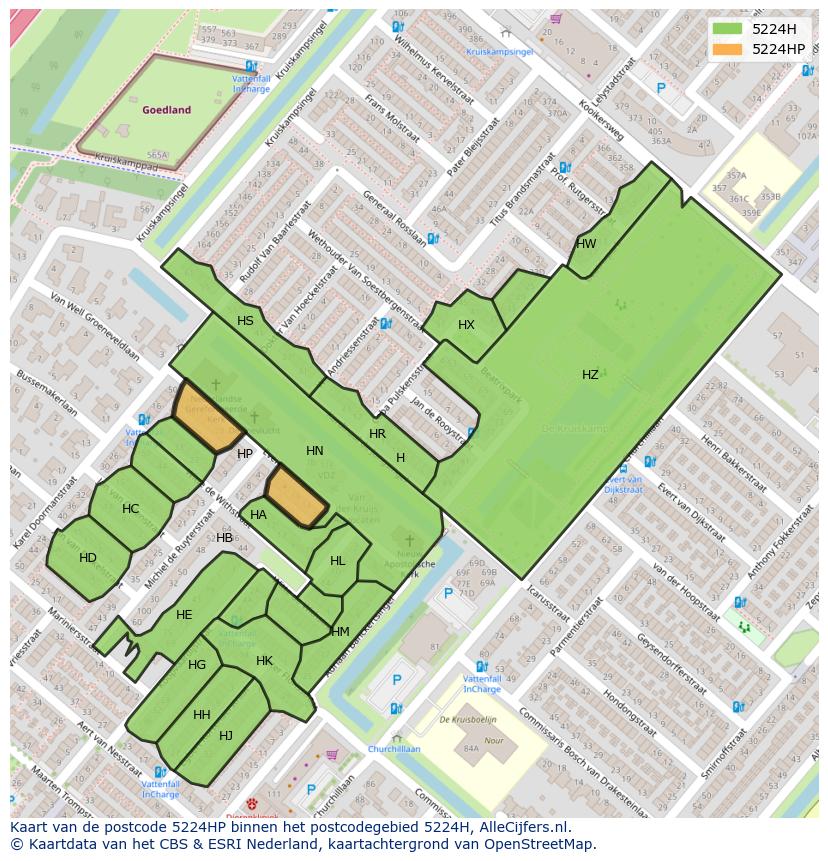 Afbeelding van het postcodegebied 5224 HP op de kaart.